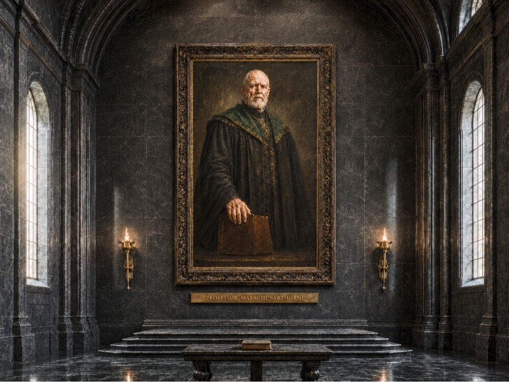 An ornate, large-scale framed portrait of Professor Malachi Sarthorne is the focal point of a grand, dark marble hall. The Professor, an older man with a white beard and serious expression, is depicted wearing a dark robe with green and gold embroidery while resting his hand on a thick book. The painting is mounted above a set of shallow stone steps and a small table holding another book, and it is flanked by tall, arched windows and burning torches that illuminate the dark, polished stone walls. A gold plaque beneath the frame identifies the subject as "PROFESSOR MALACHI SARTHORNE" in English.