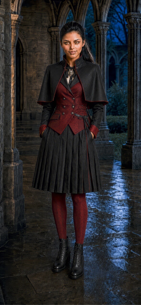 A full-length portrait shows a woman with tan skin and dark hair tied back in a ponytail, standing within a dark, stone-pillared Gothic cloister at dusk. She is dressed in a sophisticated academic-style ensemble featuring a dark red, double-breasted vest worn over a black long-sleeved shirt with red cuffs and a high collar adorned with a silver wolf-head bolo tie. Her outfit is layered with a short, black capelet with red lining and paired with a knee-length, black pleated skirt, dark red leggings, and black lace-up boots. The stone floor beneath her is damp and reflective, mirroring the dim blue light coming from the open courtyard behind the arched colonnade.
