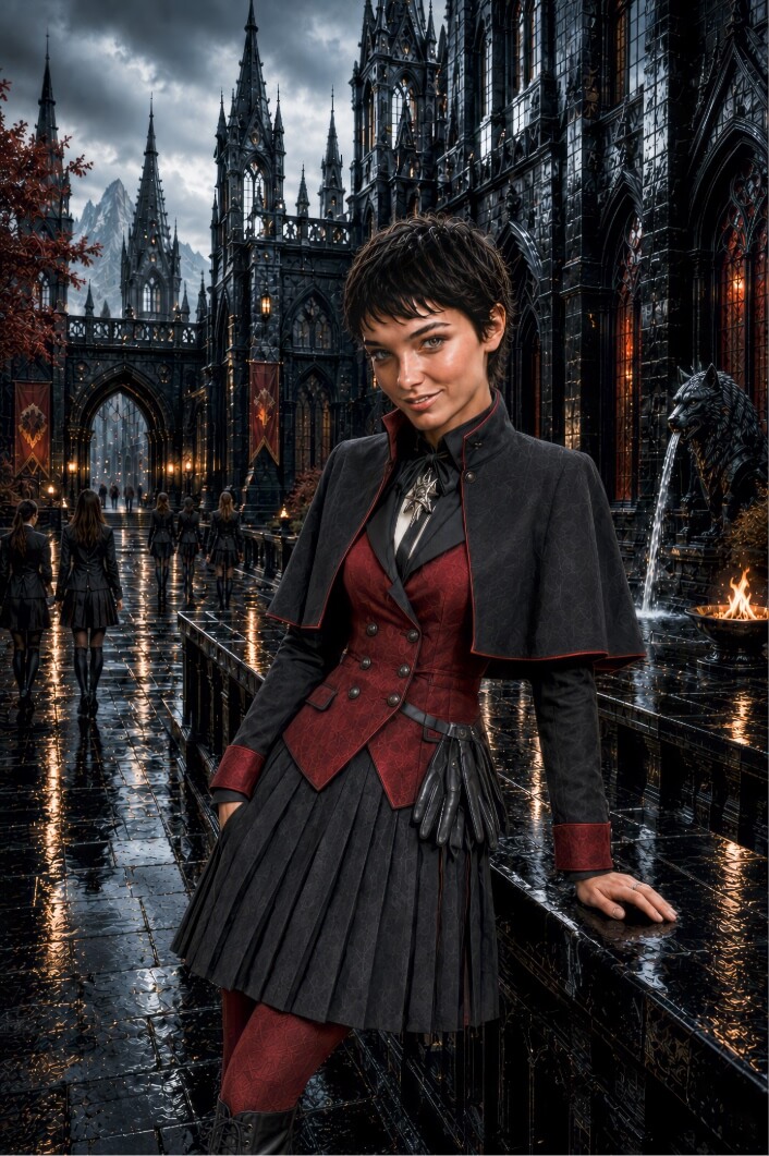 A young woman with short, dark hair and a confident expression stands in the foreground of a dark, rain-slicked courtyard belonging to a Gothic academy. She wears a detailed uniform consisting of a red and black double-breasted vest, a black pleated skirt, red leggings, and a short black capelet with red trim. Accessories include a silver sunburst pendant at her throat and a pair of black gloves tucked into a belt at her waist. In the background, towering black spires and arched walkways of the academy loom under a heavy, grey sky, while other students in similar uniforms walk away into the distance. The scene is further detailed by glowing lanterns, a stone wolf head fountain, and a small fire burning in a brazier.