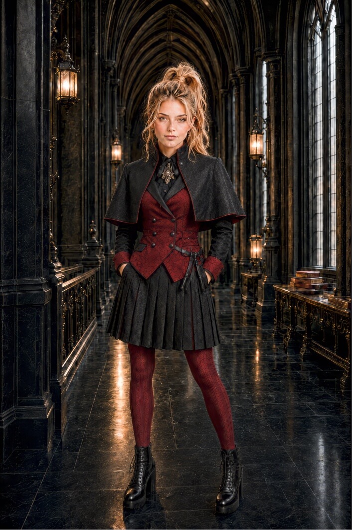 A woman with blonde hair in a messy ponytail stands in a dark, Gothic-style hallway, wearing a scholarly fantasy uniform consisting of a short black capelet over a red patterned waistcoat, a pleated black mini-skirt, and deep red leggings. Her outfit is accented with black cuffs, a small leather belt detail at the waist, and high-heeled black lace-up boots. The arched stone corridor behind her is lined with glowing lanterns and ornate woodwork, with stacks of books visible on low tables to the side.