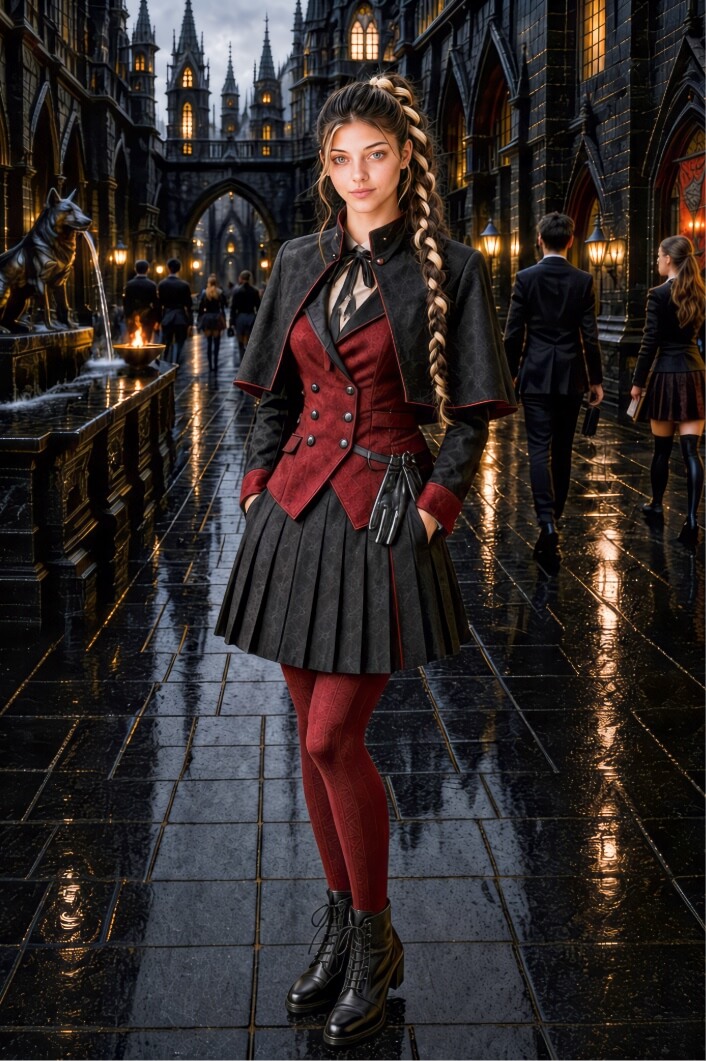 The image depicts a smiling young woman standing in a gothic, castle-like room, wearing a scholarly uniform in charcoal grey and deep red. Her outfit consists of a dark capelet over a red double-breasted vest, a pleated grey skirt, red tights, and black lace-up boots. To her left is a large bronze wolf statue atop a pedestal labeled "Sarthorne," and behind her hangs a crimson banner featuring a gold wolf emblem. The setting is filled with academic and mystical details, including a wooden desk with stacked books, a glowing candle lantern, and stone arched windows in the background.