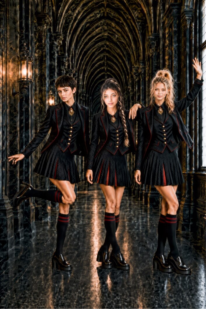 Three young women with varying hairstyles—a short brunette pixie cut, a long brown braid, and a high blonde ponytail—pose together in a grand, gothic hallway with dark, ornate pillars and arched ceilings. They are dressed in matching black academy uniforms featuring red trim, consisting of tailored blazers over buttoned vests, pleated skirts, and black knee-high socks with red stripes. Each woman wears black platform loafers and a gold crest pin at her collar while posing playfully against the backdrop of the dimly lit, polished corridor.