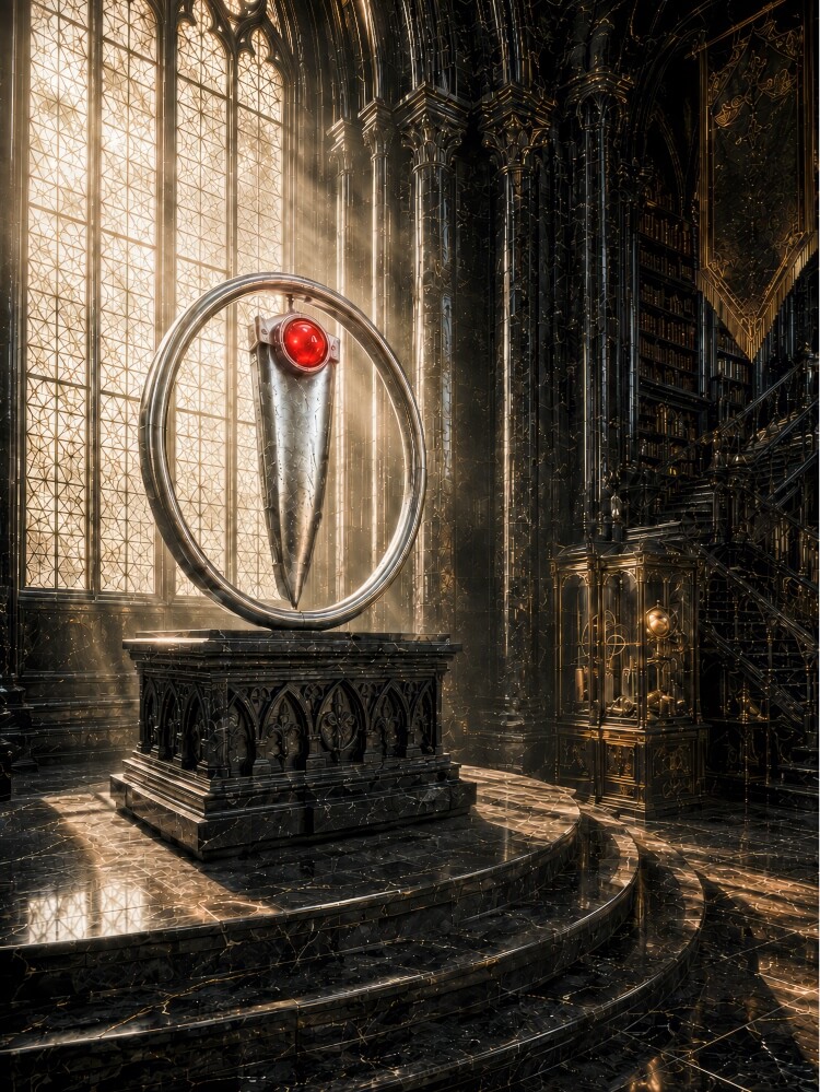 An interior shot of a grand, gothic-style library, identified as The Archive at Sarthorne Academy, features a central artifact mounted on an ornate black marble pedestal. The artifact consists of a large silver ring encircling a floating, tapered metallic shard with a glowing red orb embedded near its top. Sunlight streams through a massive, intricate stained-glass window in the background, illuminating the dark, polished marble floors and highlighting the towering black columns and multi-level bookshelves filled with ancient texts. To the right, a grand staircase ascends into the shadows, and a golden display case containing astronomical instruments sits near the base of the stairs.